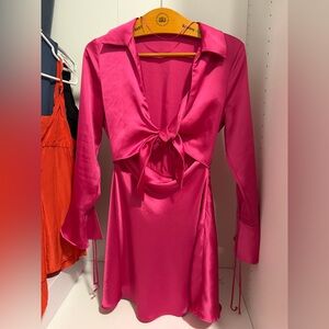 Zara Hot Pink Satin Dress with Tie Detail